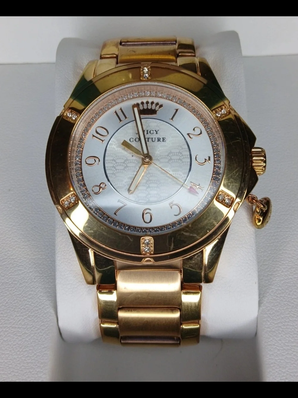 ​Juicy Couture Women Gold Tone Rhinestone Heart Charm Watch JC.55.3.34.0614S